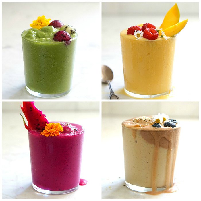 colorful smoothies Four colorful superfood smoothie recipes.