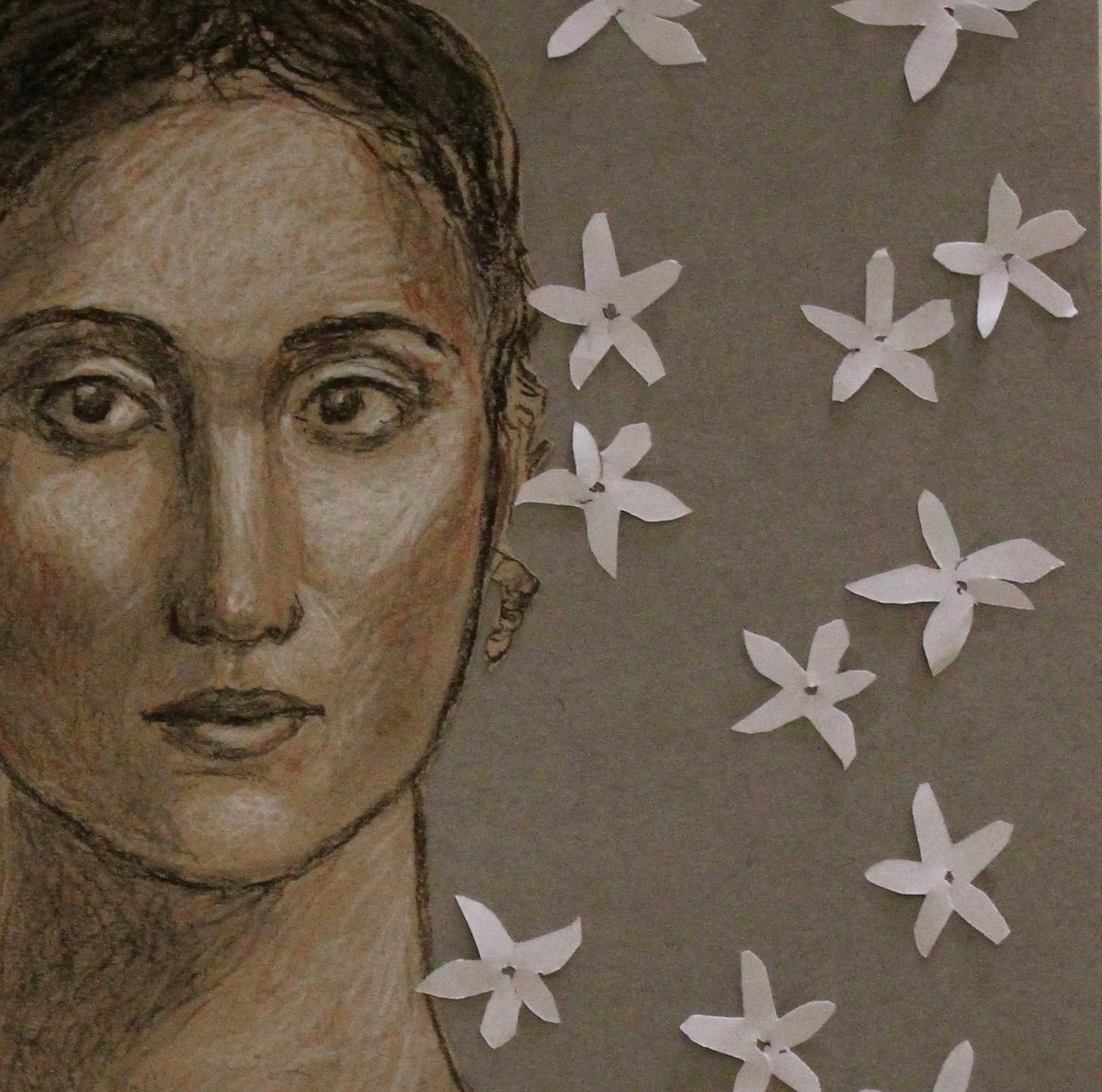 Sarah Myers, detail of collage. Woman with Jasmine Flowers