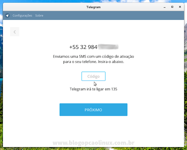 Digite o código enviado por SMS para o celular cadastrado e clique em "Próximo"