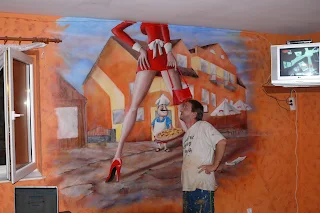 Malowanie obrazów na ścianie, artystyczne malowanie ściany w pizzerii, warszawa Mural 3D