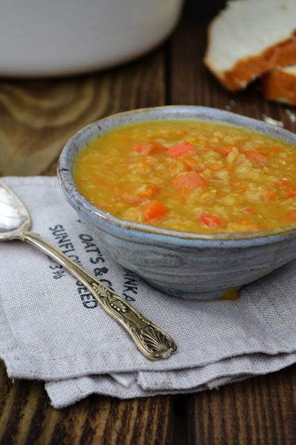 A warming lentil soup, made to use up salad drawer stragglers. Healthy, nutritious and very, very tasty.