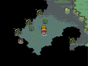 The party wades into the swamps of Deep Darkness in EarthBound.
