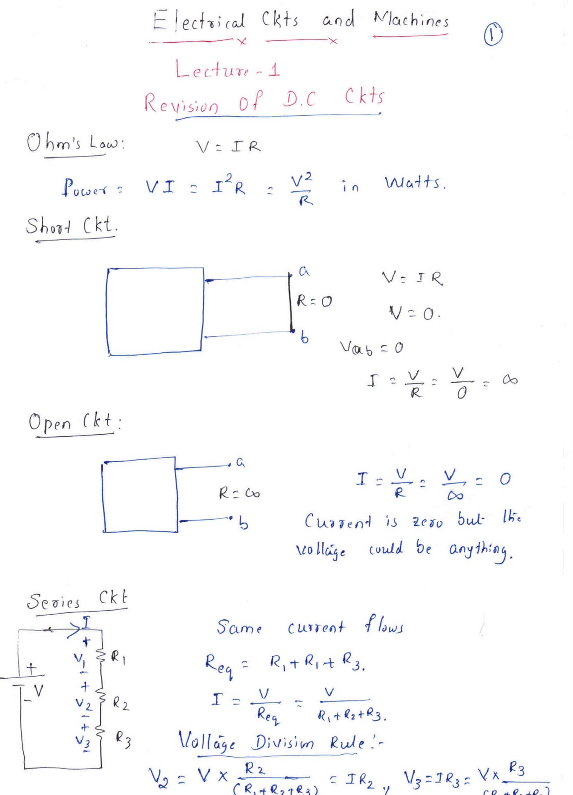 Electrical Circuits & Machines Hand-Written notes: Lecture - 1