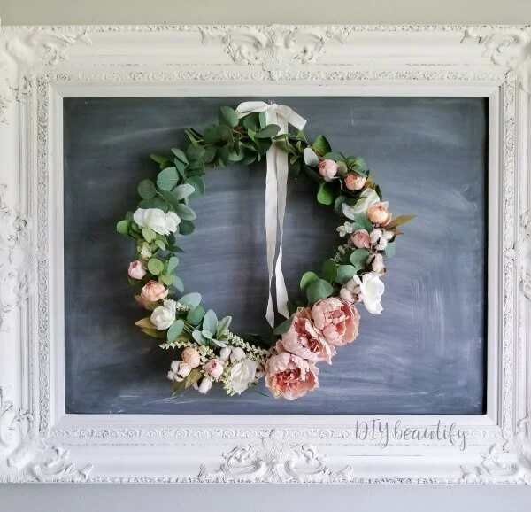 DIY spring wreath with blush peonies, cotton and eucalyptus