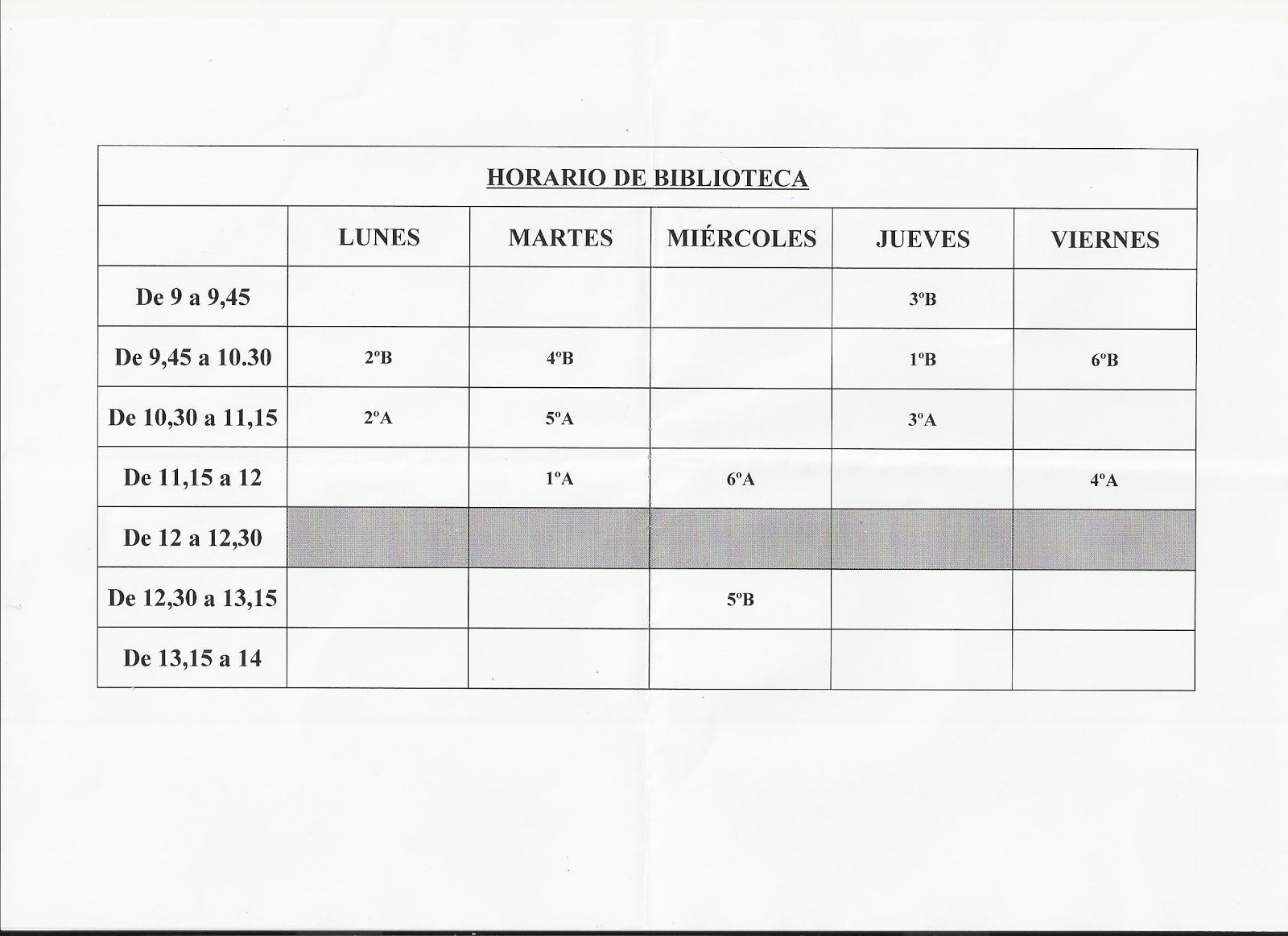 Horario de uso de la Biblioteca Escolar de cada grupo con su tutor o tutora