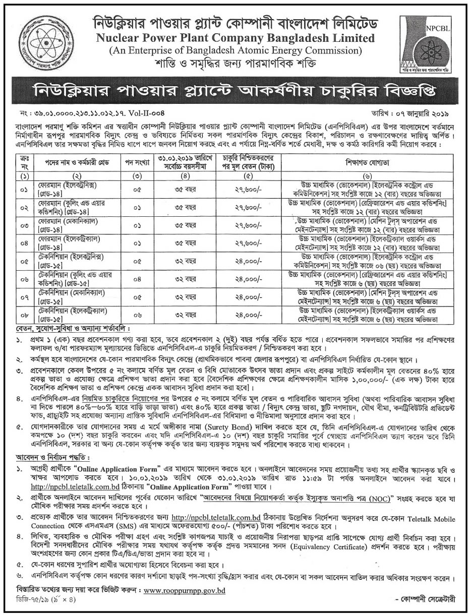Nuclear Power Plant Company Bangladesh (NPCBL) Job Circular 2019