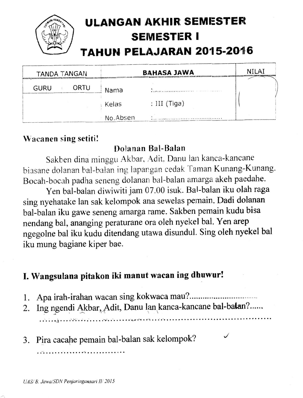 Soal Uas Tematik Kelas 1 Sd Semester 2 Kurikulum 2013