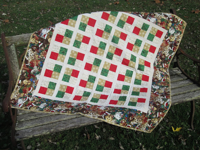 Christmas throw / handmade in red,green and gold 