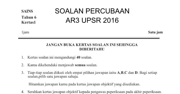 Soalan Percubaan Sains Upsr 2019 Negeri Terengganu 