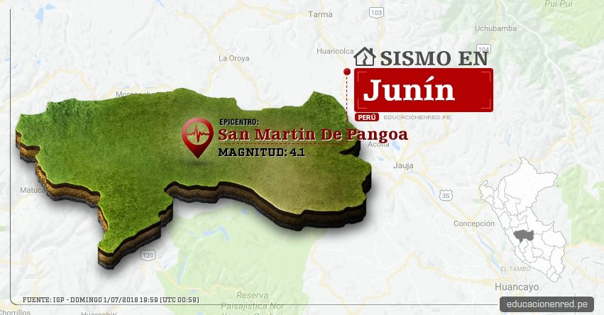 Temblor en Junín de magnitud 4.1 (Hoy Domingo 1 Julio 2018) Sismo EPICENTRO San Martin De Pangoa - Satipo - IGP - www.igp.gob.pe
