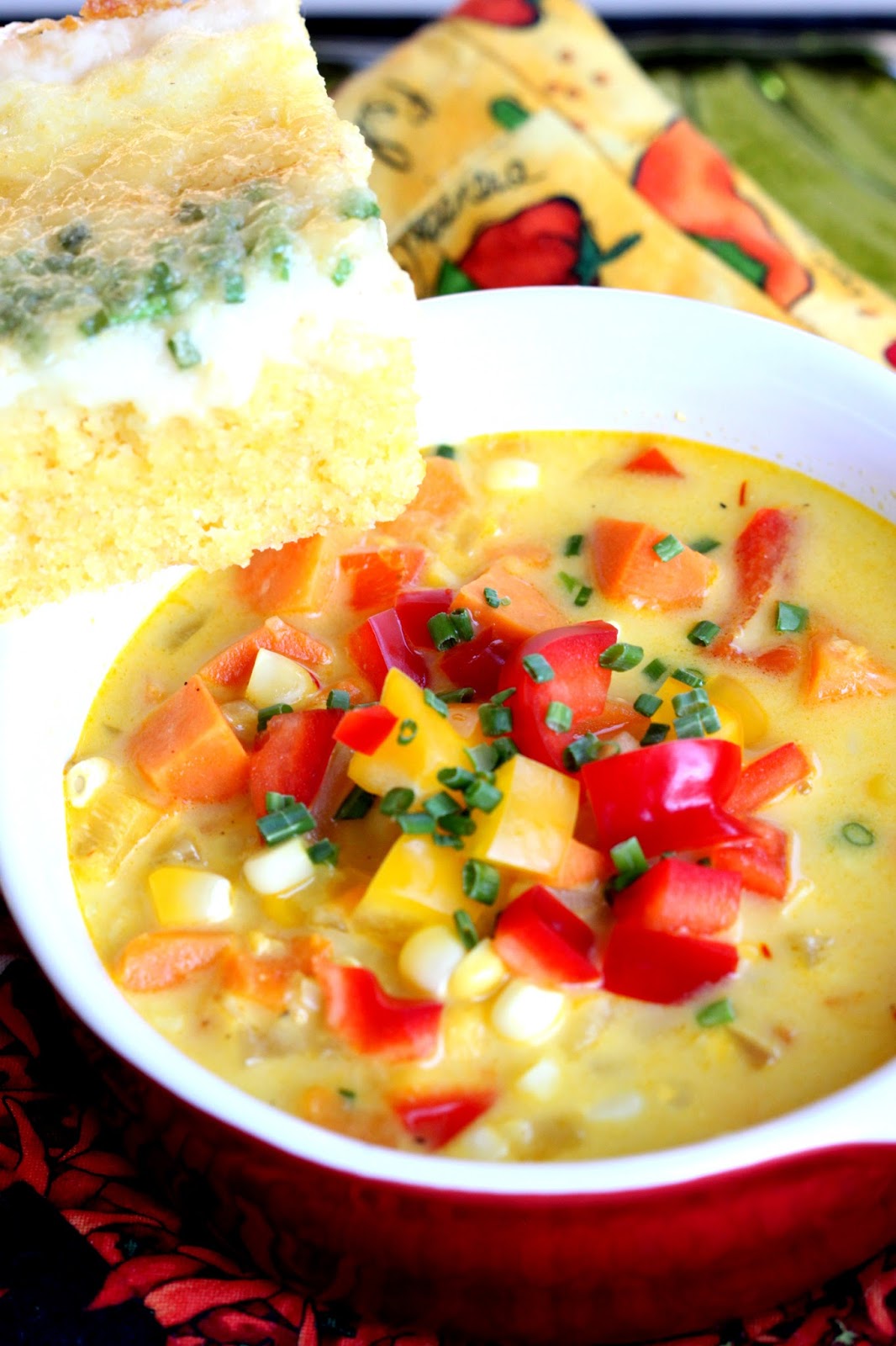 Tortillas and Honey Corn and Sweet Potato Chowder with Saffron Cream