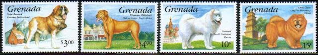 1993年グレナダ　セント・バーナード　ローデシアン・リッジバック　サモエド　チャウ・チャウの切手
