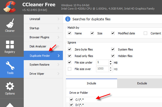 CCleaner duplicate file finder tool