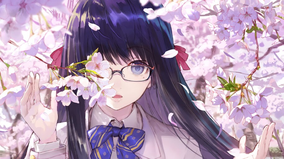 Anime, School Girl, Glasses, Cherry Blossom, 4K, #294