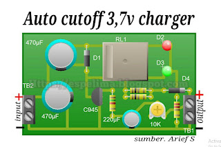 skema rangkaian auto cutoff charger batterey 3,7v dengan riley 5v