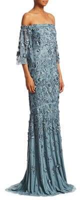 Theia Embellished Off-The-Shoulder Gown