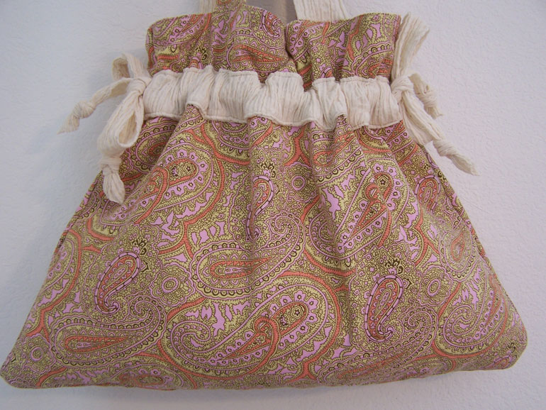 Handmade Drawstring Purse Handbag Antique White Paisley Pattern