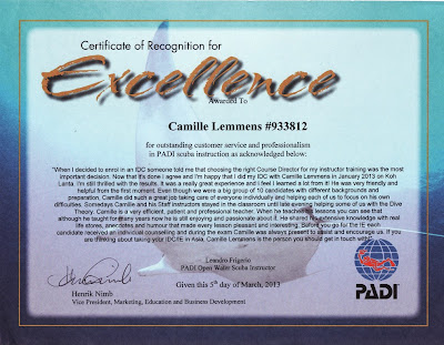 Certificate of Recognition for Excellence by PADI
