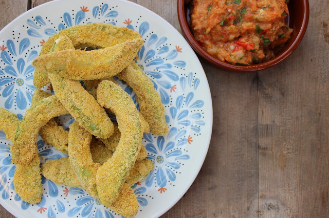 baked avocado fries with spicy roasted tomato salsa