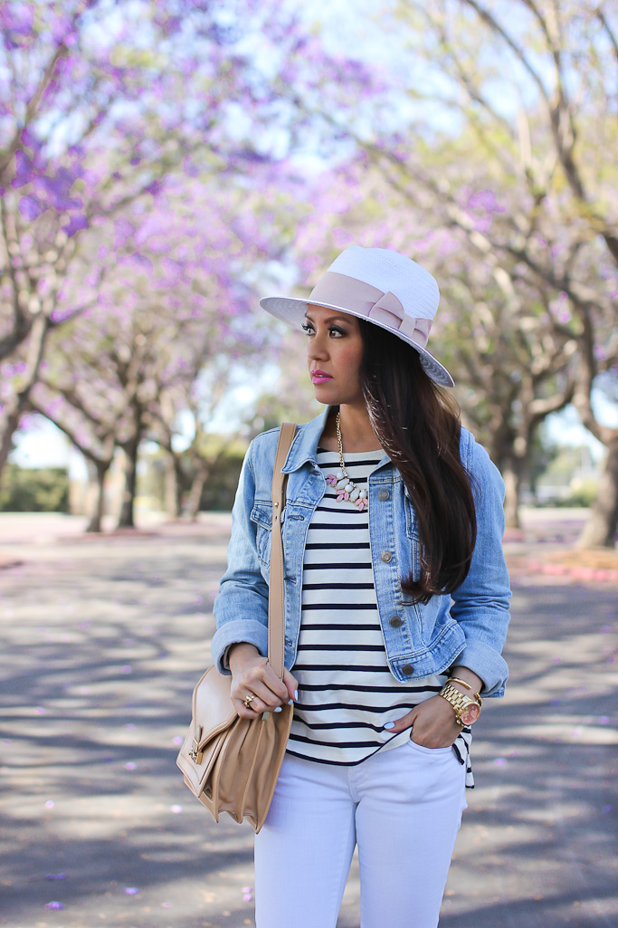 AG cigarette stilt roll up white jeans Ann Taylor stripe shoulder zip cotton top BP leaf necklace H&M white straw hat with pink ribbon Jcrew blue elsie suede pumps Kate Spade seaport faux pearl stud earrings Loeffler Randall rider bag