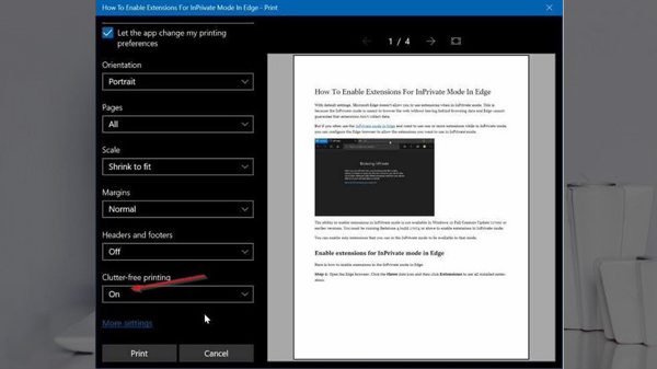 This way you can print Web pages without any ads on Windows 10