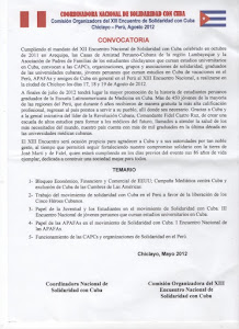 CONVOCATORIA AL XIII ENCUENTRO DE SOLIDARIDAD CON CUBA, CHICLAYO - PERÚ, 17, 18 y 19 DE AGOSTO 2012