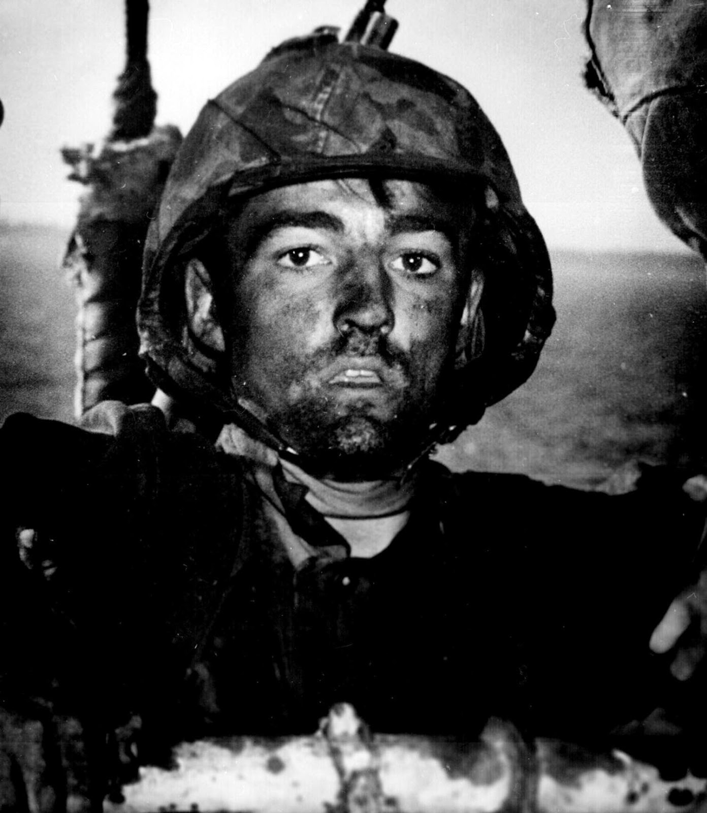 A U.S. Marine exhibits the thousand-yard stare after two days of constant fighting in the Battle of Eniwetok, 1944
