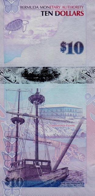 Bermuda money currency 10 Dollars banknote 2009 Ship "Deliverance" and the Commissioner’s House