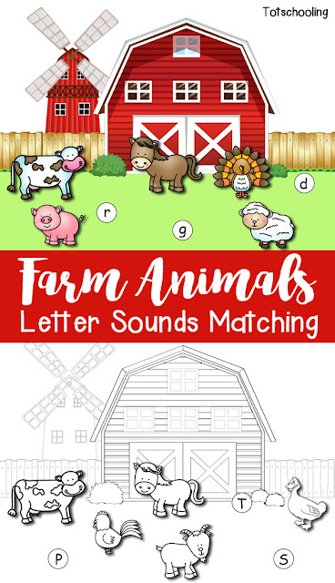 FREE beginning letter sounds matching with a farm animal theme. Great preschool and kindergarten activity to learn letter sounds and can be used as a cutting, pasting and coloring activity. 