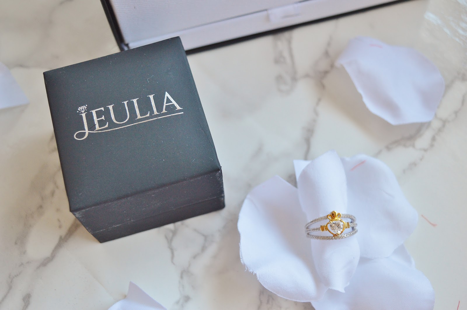 Jeulia Two Tone Claddagh Heart Cut Created White Sapphire Engagement Ring