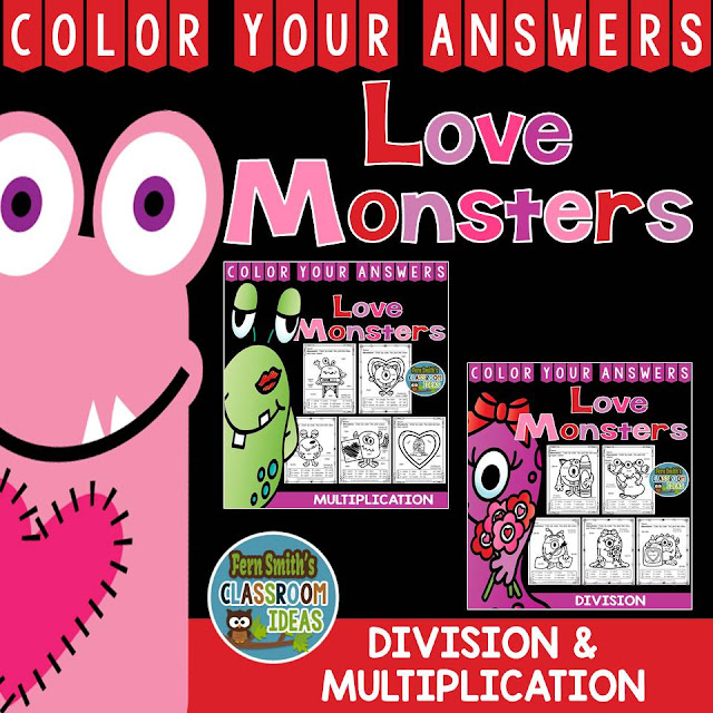  Valentine's Day Fun! Valentine's Day Love Monsters Multiplication and Division Facts - Color Your Answers Printables for St. Valentine's Day Multiplication and Division