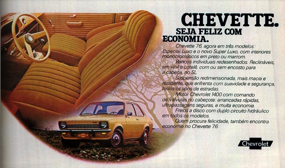 Imagem com a propaganda do Chevrolet Chevette SL 1976 mostrando seu interior marrom