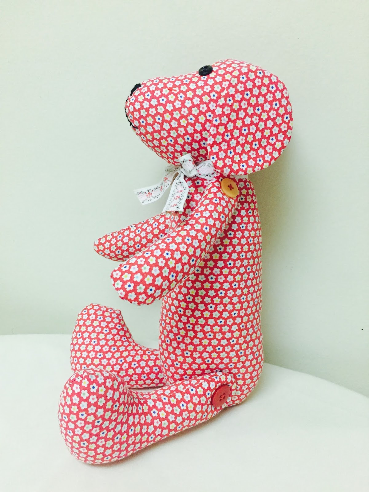 Adorable Handmade Red Floral Stuffed Dog w/ Movable Arms and Legs