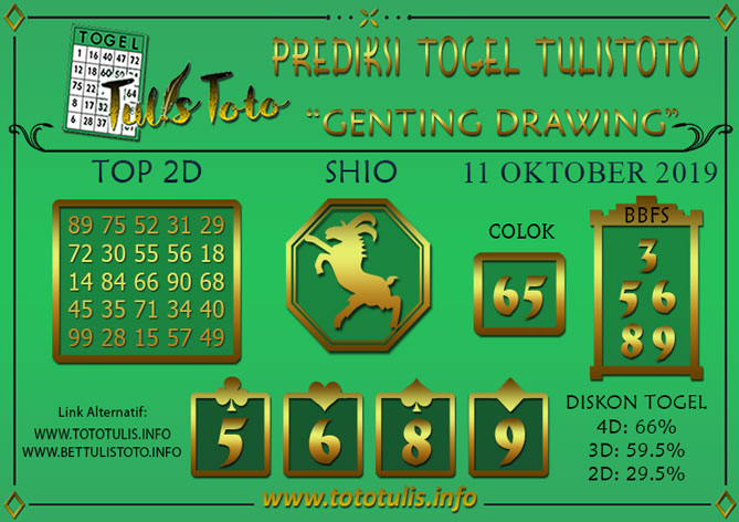 Prediksi Togel GENTING DRAWING TULISTOTO 11 OKTOBER 2019