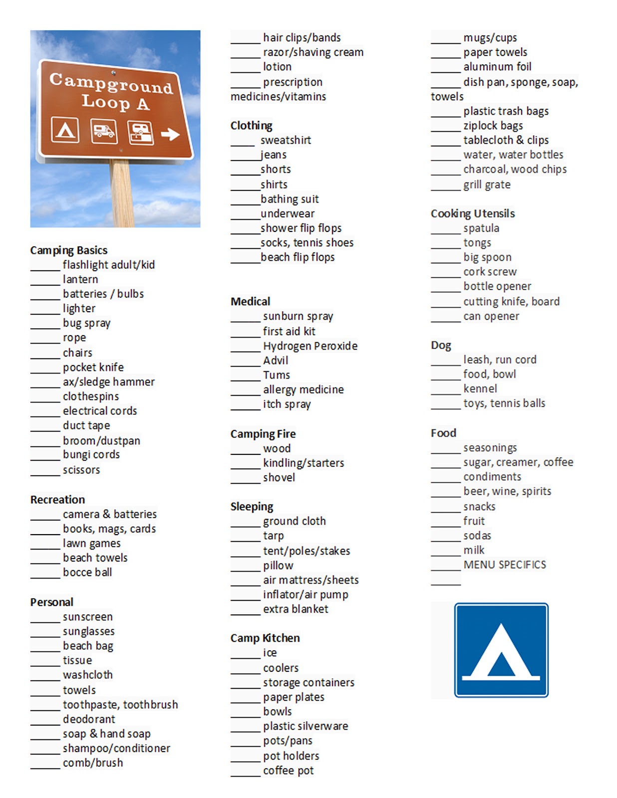 Camping Food List Printable