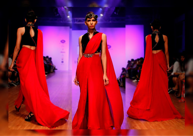 black red drape saree