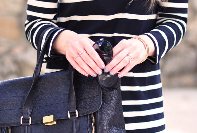 striped shift dress with skinny jeans and loafers