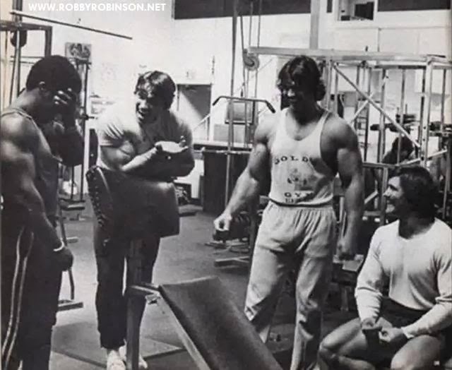 ROBBY ROBINSON, ARNOLD SCHWARZENEGGER, DENNY GABLE AND ROGER CALLARD - GOLD'S GYM TRAINING AND FILMING OF PUMPING IRON ● www.robbyrobinson.net//dvd_master_class.php ●