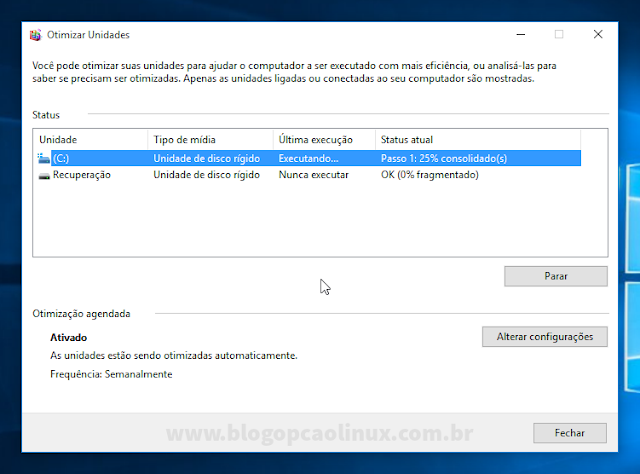 Aguarde o processo de desfragmentação...