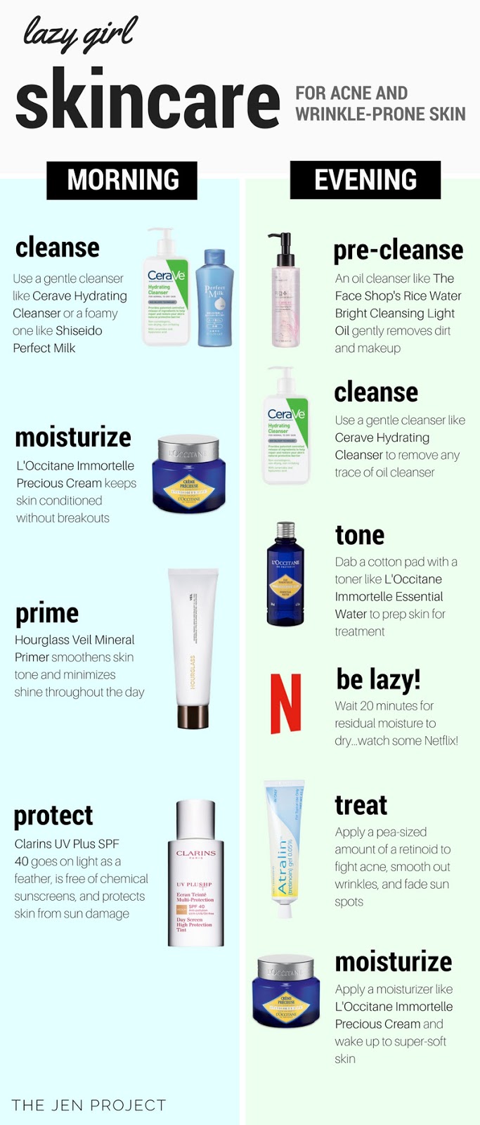 The lazy girl skincare regimen: An easy-peasy, no-nonsense skincare routine for acne and/or wrinkle-prone skin. From The Jen Project - a skincare blog for busy people. Visit thejenproject.com