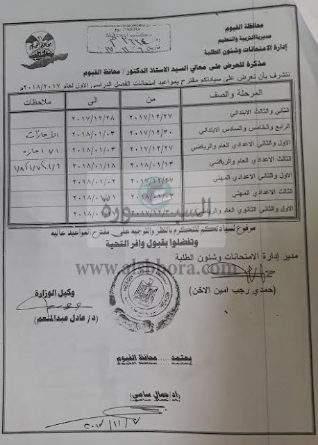 جدول امتحانات دمياط 2018 نصف العام جدول امتحانات محافظة الفيوم 2018 كل المراحل ترم أول