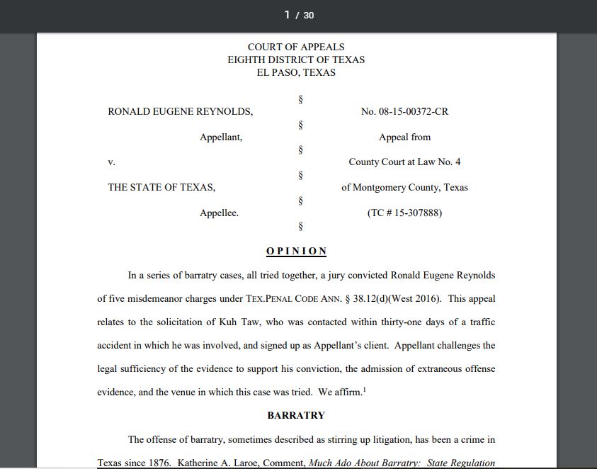 COA.TX Texas Barratry Paradox Soliciting Clients Within 31 Days One