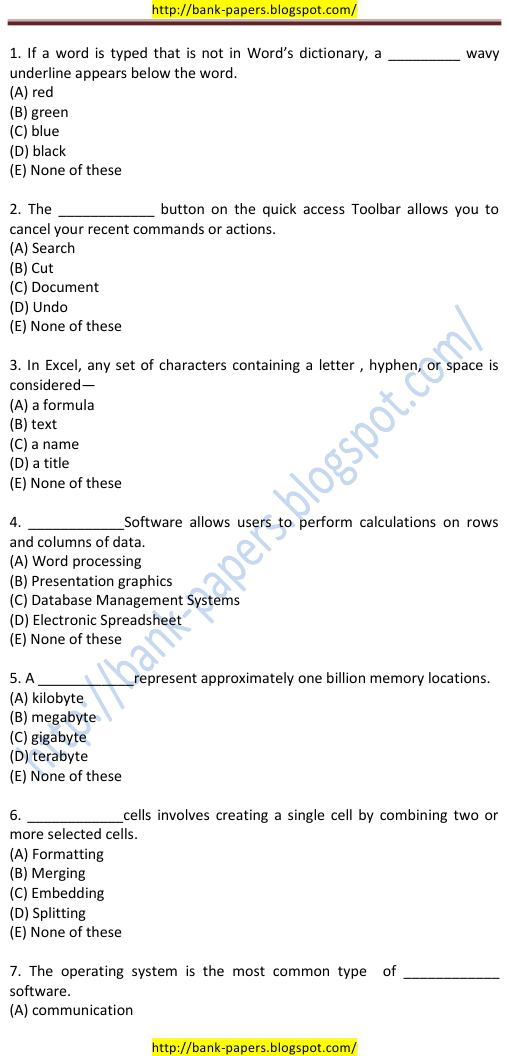 Bank Exam Computer Awareness Question Papers
