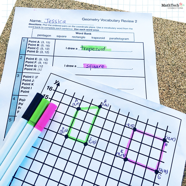 Review Geometry Vocabulary Words with this fun math center activity. Review plotting ordered pairs on a coordinate grid. 