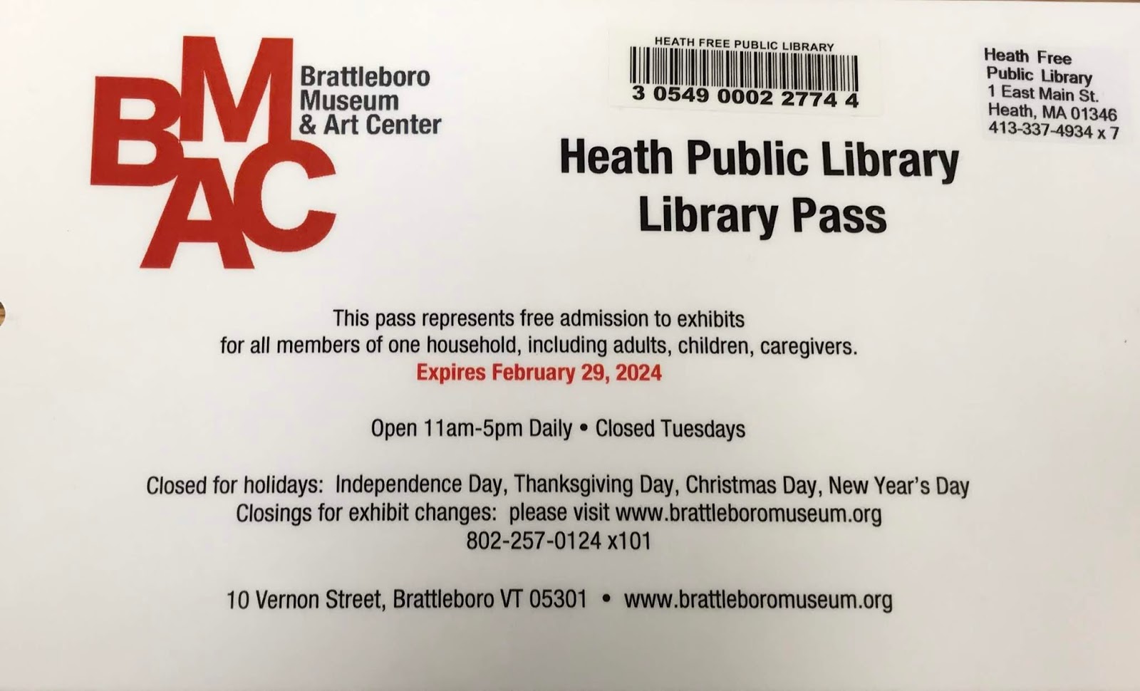 Heath Free Public Library Museum Passes