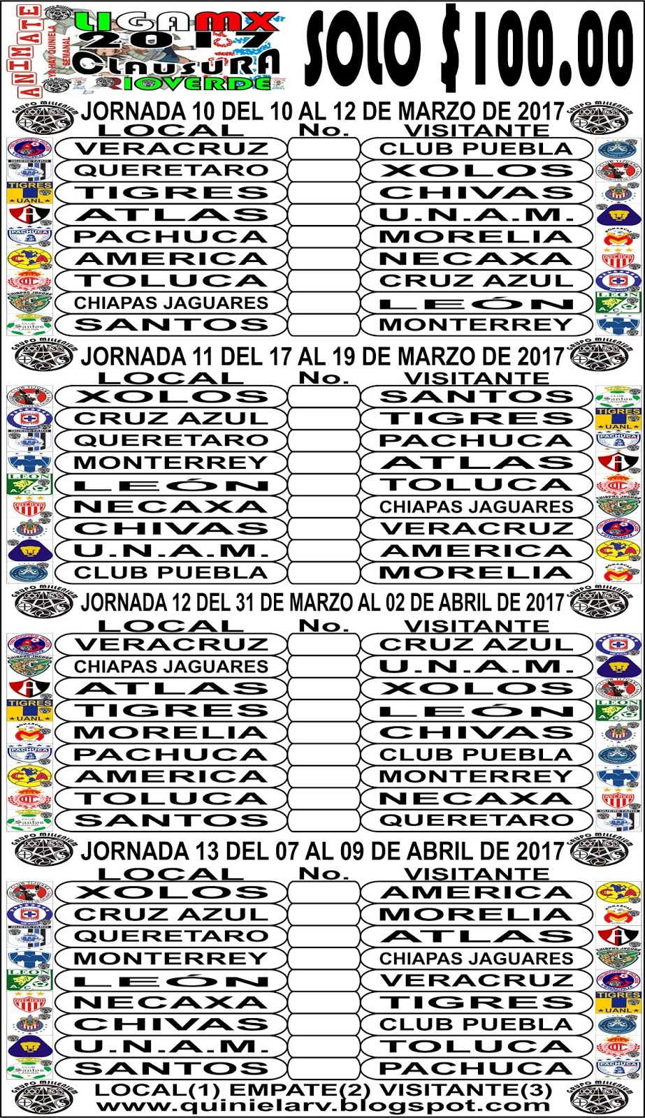 Quiniela Rioverde TORNEO APERTURA 2017 LIGA MX