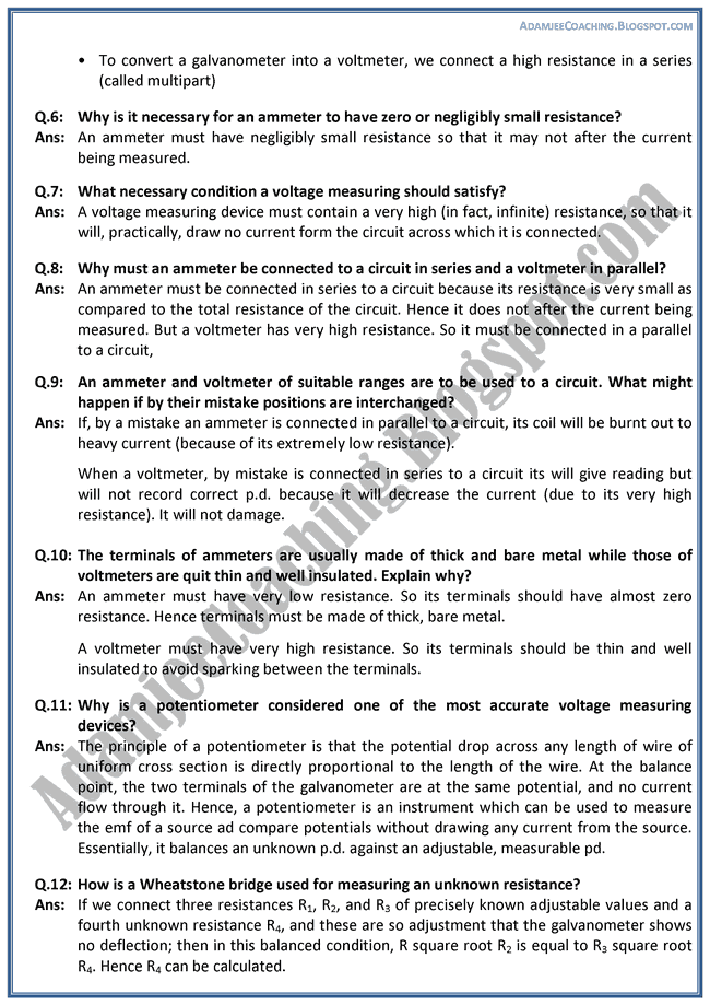Adamjee Coaching Electrical Measuring Instruments Question Answers