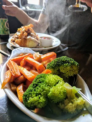Steaming vegetables with our carvery lunch at Cawley's Guesthouse in Tubbercurry, Sligo Ireland