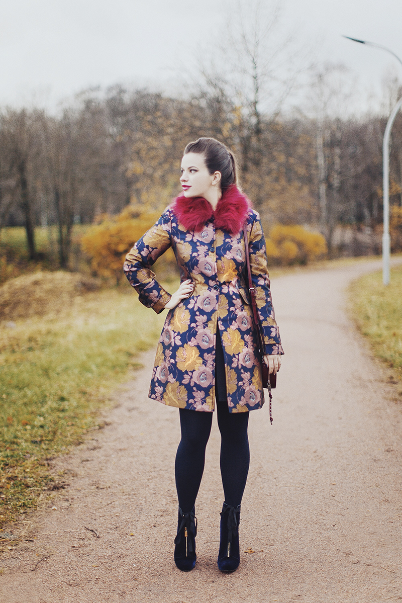 ASOS Dolly Coat in Floral with Faux Fur Collar