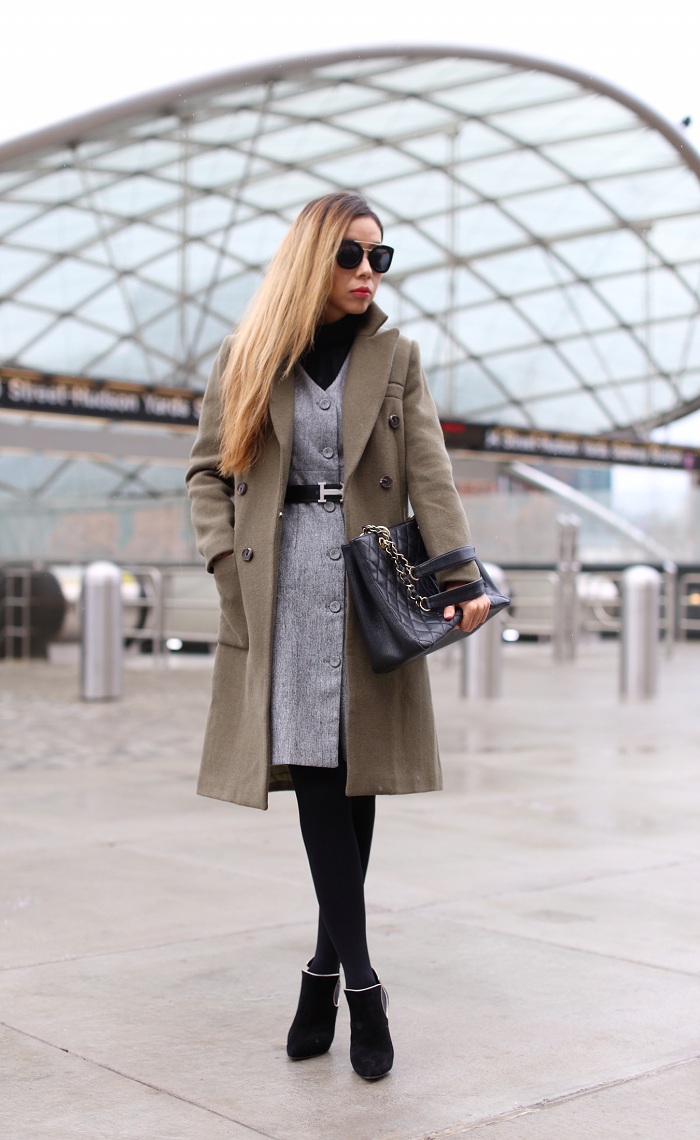 Olive coat, grey belted dress, work attire, casadei ankle booties, prada sunglasses, chanel grand shopping tote, nyc street style, how to dress from work to play